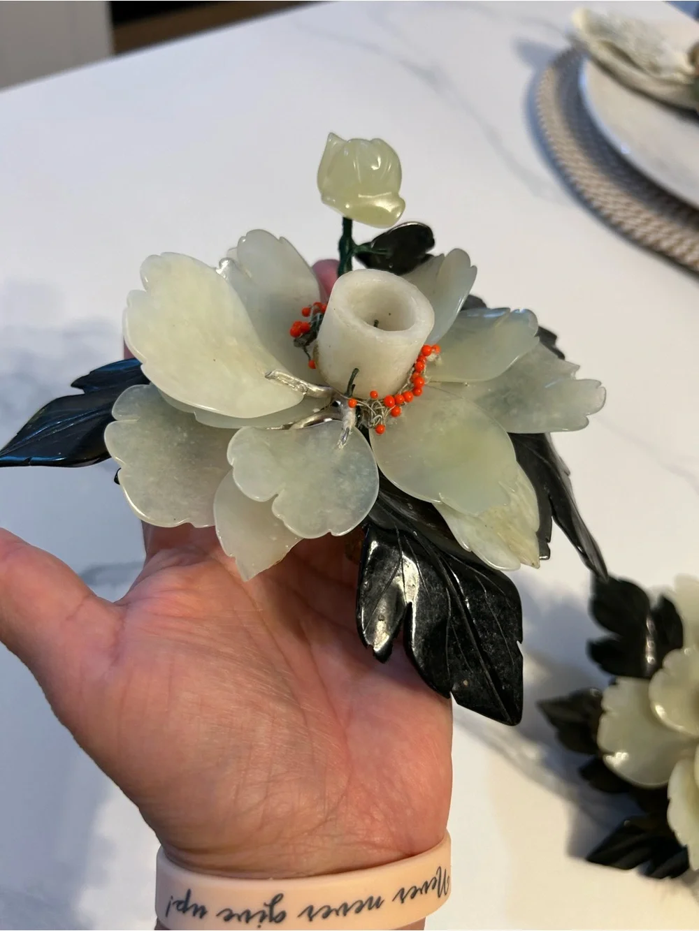 Chinese Carved Jade Lotus Flower & Leaves Candle Holder Set of 2